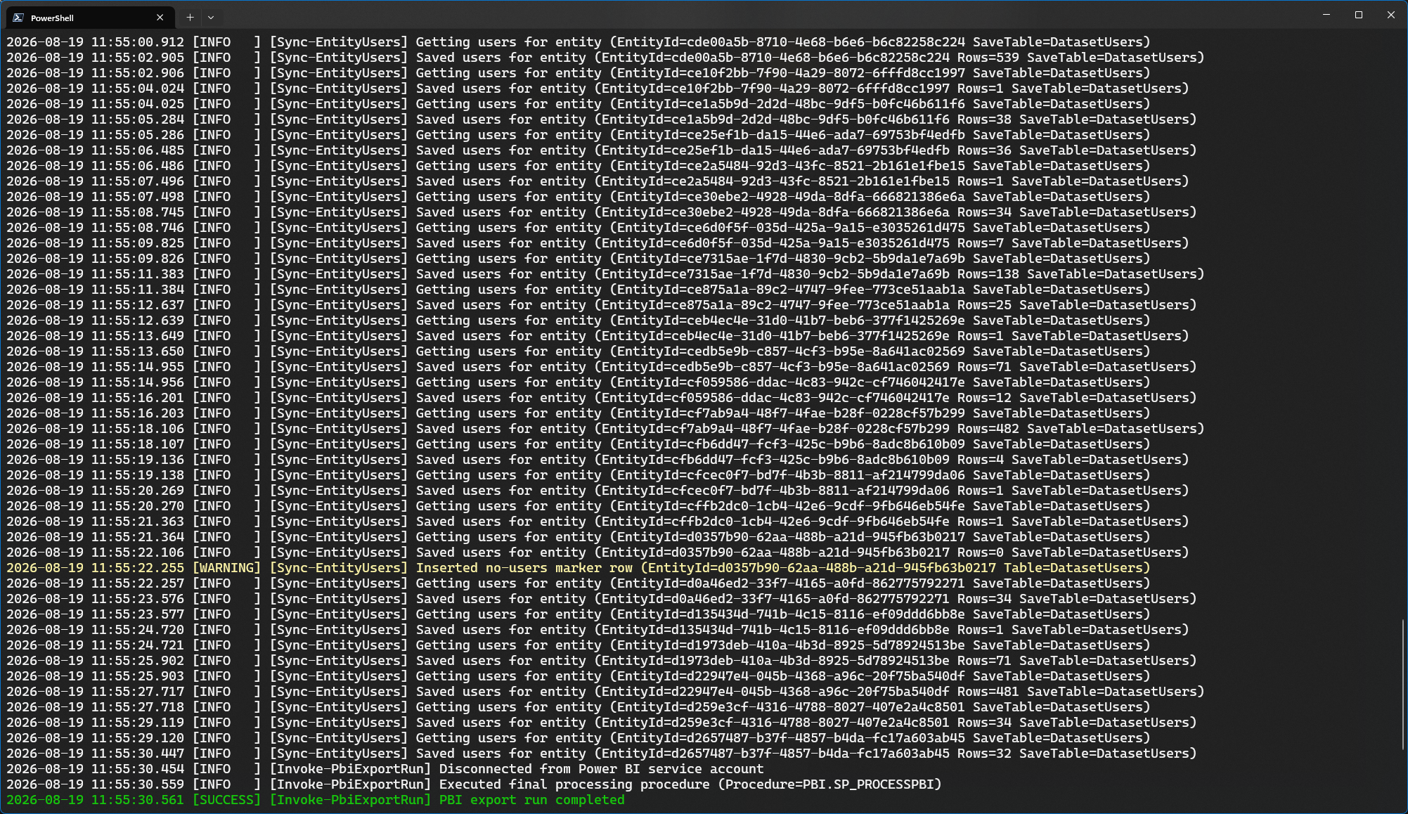 Power BI admin export screenshot two from a PowerShell API run showing tenant metadata and activity-driven report views